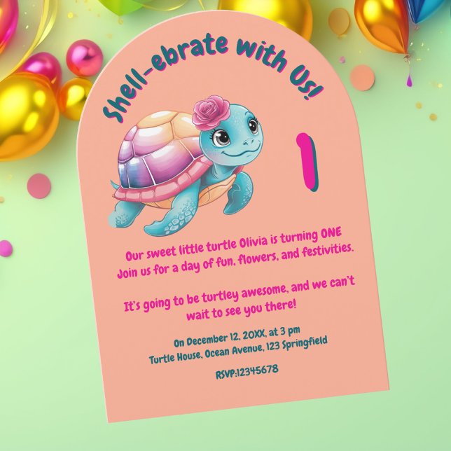 Cute Whimsical Floral Turtle Girly Kids Birthday  Invitation (Creator Uploaded)