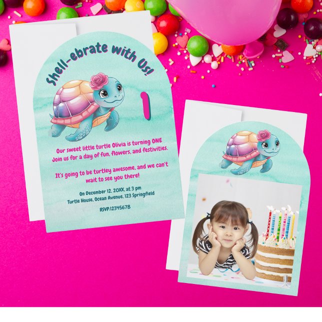 Cute Whimsical Floral Turtle Girly Kids Birthday Invitation (Creator Uploaded)