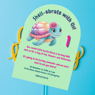 Cute Whimsical Floral Turtle Girly Kids Birthday Invitation