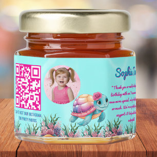 Cute Whimsical Floral Turtle Qr Code Kids Birthday Honey Jar Favors