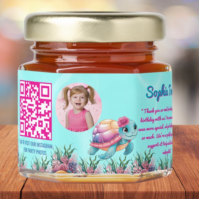 Cute Whimsical Floral Turtle Qr Code Kids Birthday Honey Jar Favors (Creator Uploaded)