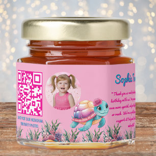 Cute Whimsical Floral Turtle Qr Code Kids Birthday Honey Jar Favors