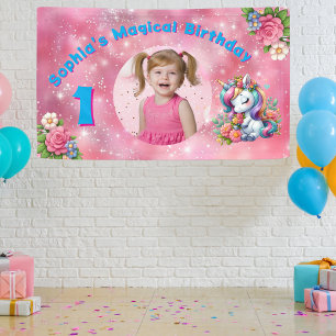 Cute Whimsical Floral Unicorn Girly 1st Birthday  Banner