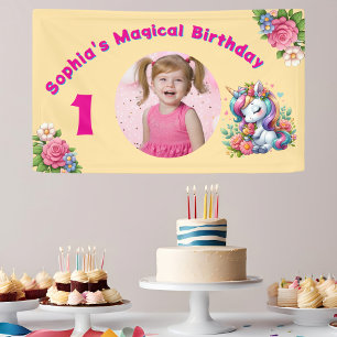 Cute Whimsical Floral Unicorn Girly 1st Birthday  Banner