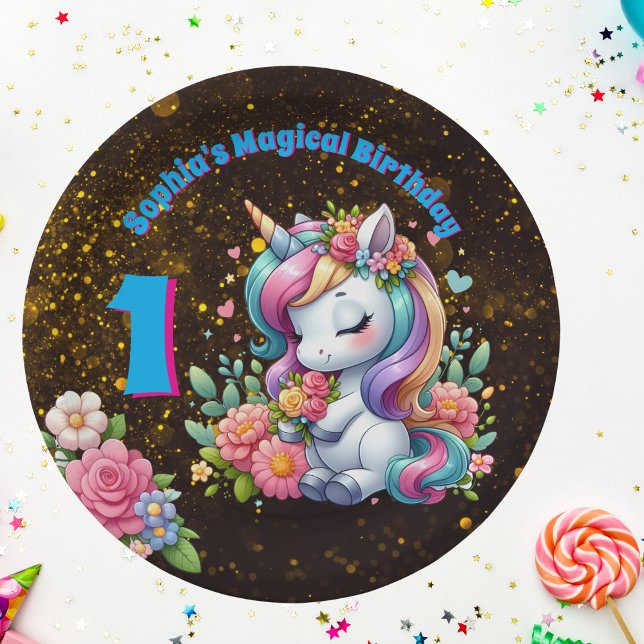 Cute Whimsical Floral Unicorn Girly 1st Birthday  Paper Plates (Creator Uploaded)