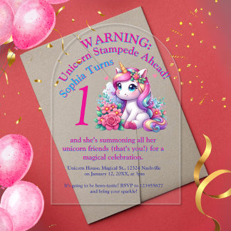 Cute Whimsical Floral Unicorn Girly Kids Birthday Acrylic Invitations