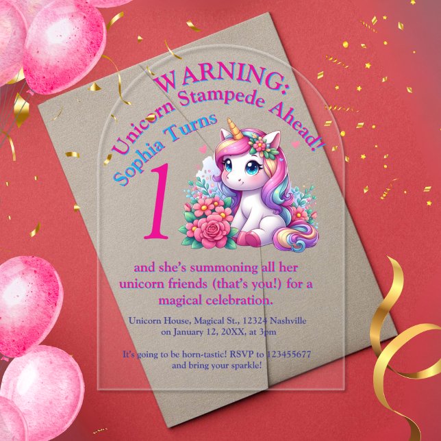 Cute Whimsical Floral  Unicorn Girly Kids Birthday Acrylic Invitations (Creator Uploaded)