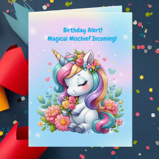 Cute Whimsical Floral Unicorn Girly Kids Birthday Card