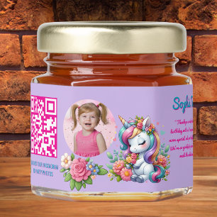 Cute Whimsical Floral Unicorn Qr Code Birthday Honey Jar Favors
