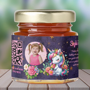 Cute Whimsical Floral Unicorn Qr Code Birthday Honey Jar Favors