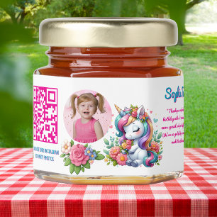 Cute Whimsical Floral Unicorn Qr Code Birthday Honey Jar Favors