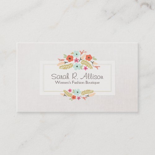 Cute Whimsical Flowers Fashion Boutique Linen Look Business Card