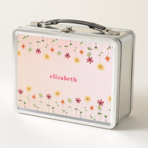 Cute Whimsical Flowers Pattern Pink Gold Girly Metal Lunch Box