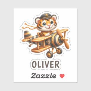 Cute Whimsical Flying Tiger Kid on a Plane Sticker