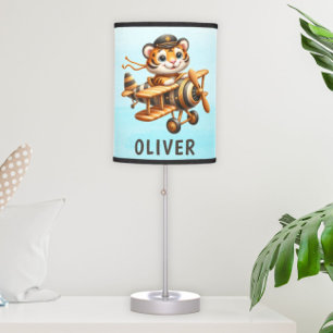 Cute Whimsical Flying Tiger Kid on a Plane Table Lamp
