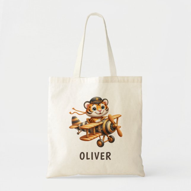 Cute Whimsical Flying Tiger Kid on a Plane Tote Bag (Front)