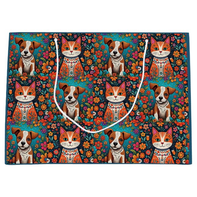 Cute Whimsical Folk Art Cat and Dog and Flowers Large Gift Bag (Front)