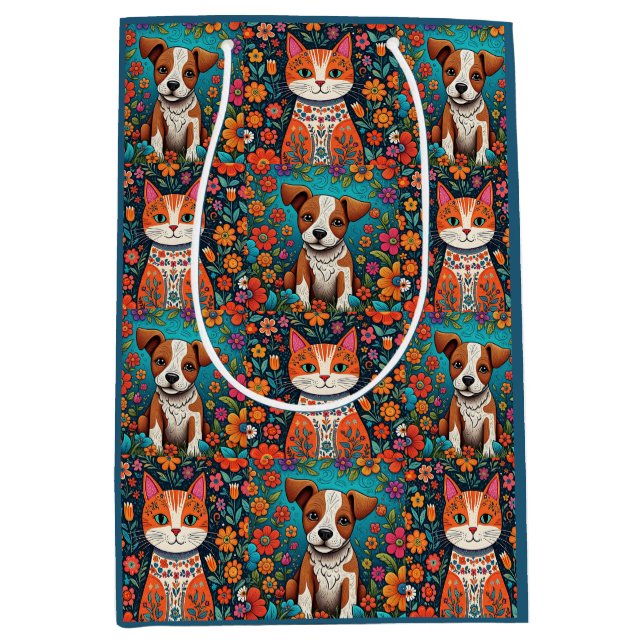 Cute Whimsical Folk Art Cat and Dog and Flowers Medium Gift Bag (Front)