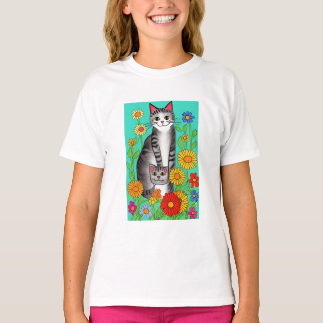 Cute Whimsical Folk Art Cat and Kitten Quote T-Shirt (Front)