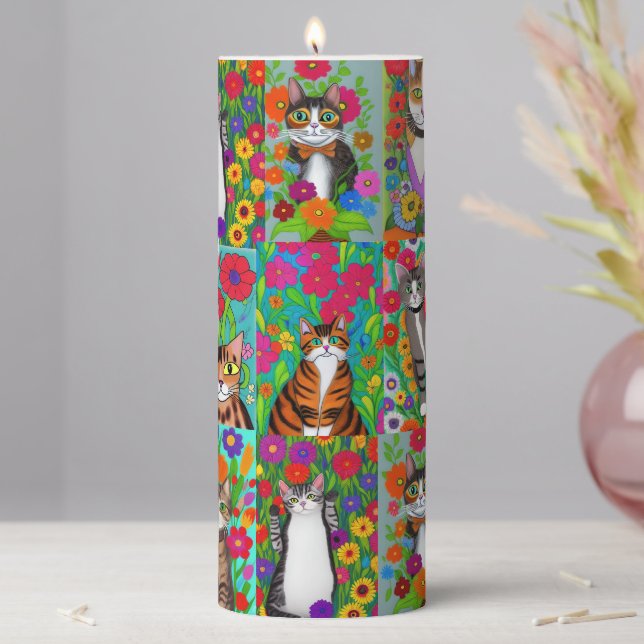 Cute Whimsical Folk Art Cats and Flowers Quilt Pillar Candle (In Situ)