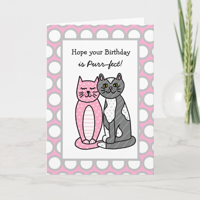 Cute Whimsical Folk Art Cats Birthday Card (Front)