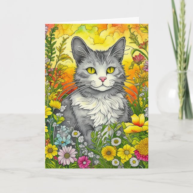 Cute Whimsical Folk Art Style Cat and Flowers Card (Front)