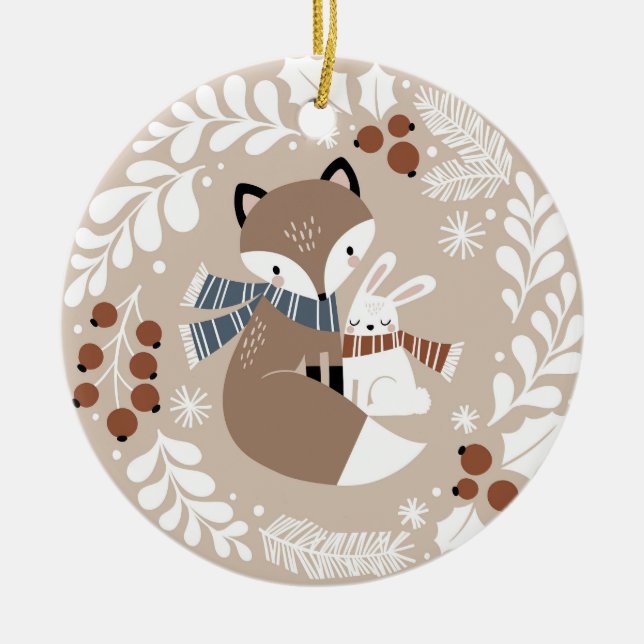 Cute Whimsical Fox and Rabbit Ceramic Ornament (Front)
