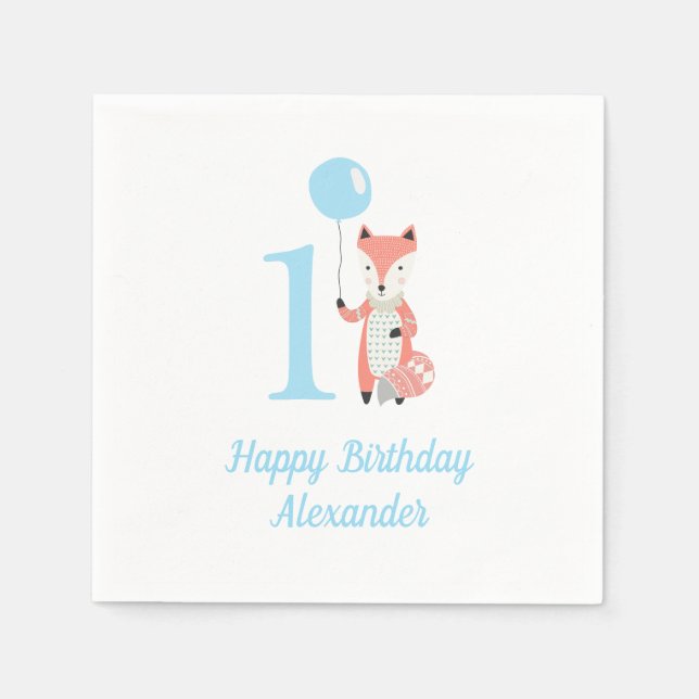Cute Whimsical Fox & Balloon Blue 1st Birthday Napkins (Front)