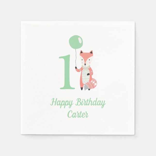 Cute Whimsical Fox & Balloon Green 1st Birthday Napkins (Front)