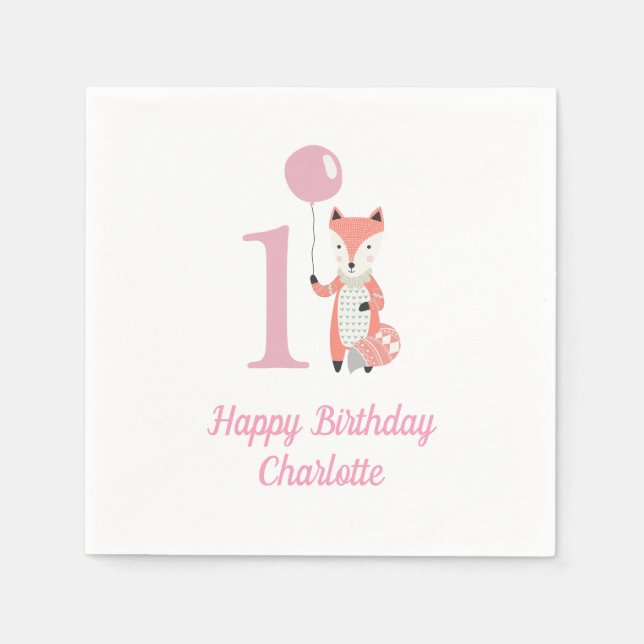 Cute Whimsical Fox & Balloon Pink 1st Birthday Napkins (Front)