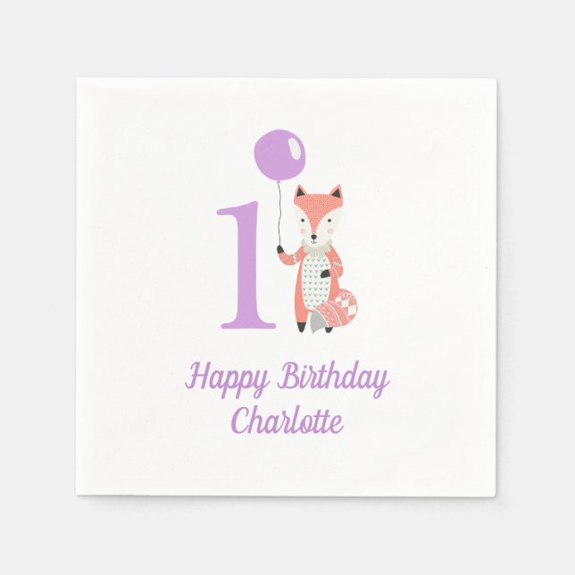 Cute Whimsical Fox & Balloon Purple 1st Birthday Napkins (Front)