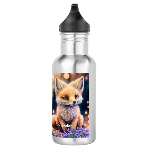 Cute Whimsical Fox Purple Flowers Personalized  Stainless Steel Water Bottle