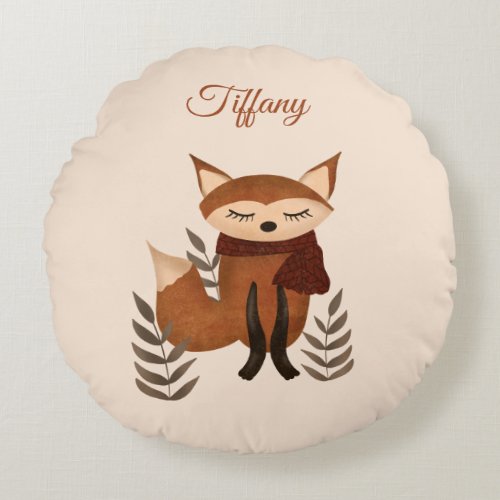 Cute Whimsical Fox with Scarf  Round Pillow
