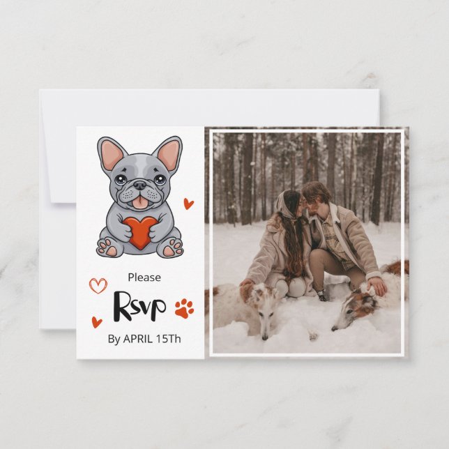 Cute Whimsical French Bulldog QR Code Photo RSVP Card (Front)