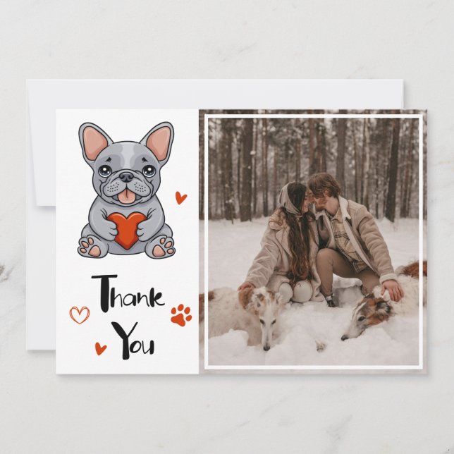 Cute Whimsical French Bulldog Wedding Photo Thank You Card (Front)