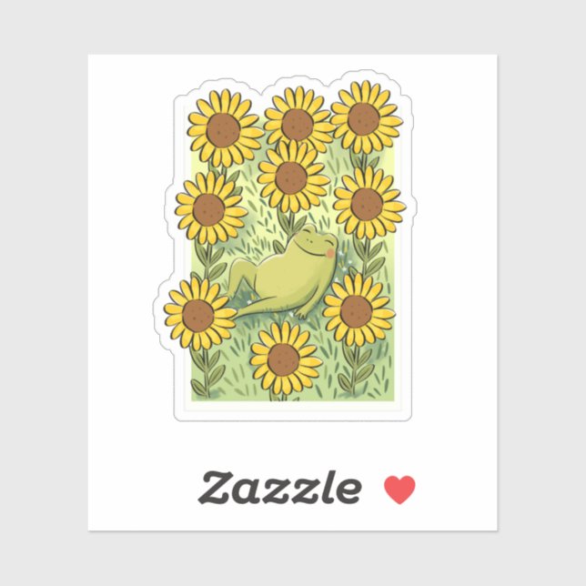 Cute Whimsical Frog And Sunflowers Illustration Sticker (Sheet)