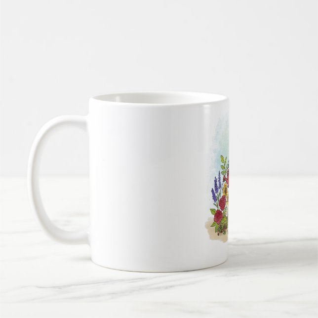 Cute Whimsical Frog In Flower Garden Illustration Coffee Mug (Left)