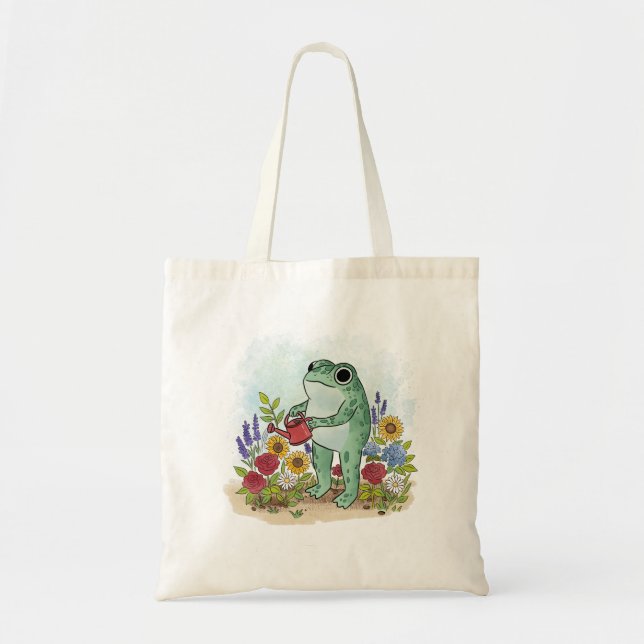 Cute Whimsical Frog In Flower Garden Illustration Tote Bag (Front)