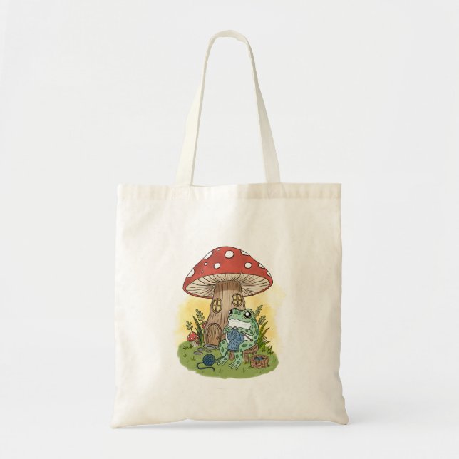 Cute Whimsical Frog Knitting Illustration Tote Bag (Front)