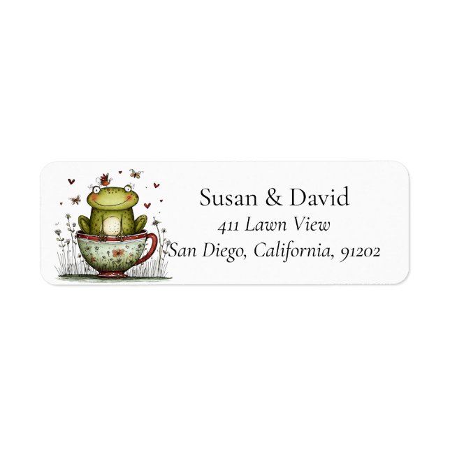 Cute Whimsical Frog Teacup Meadow Wildflower Label (Front)