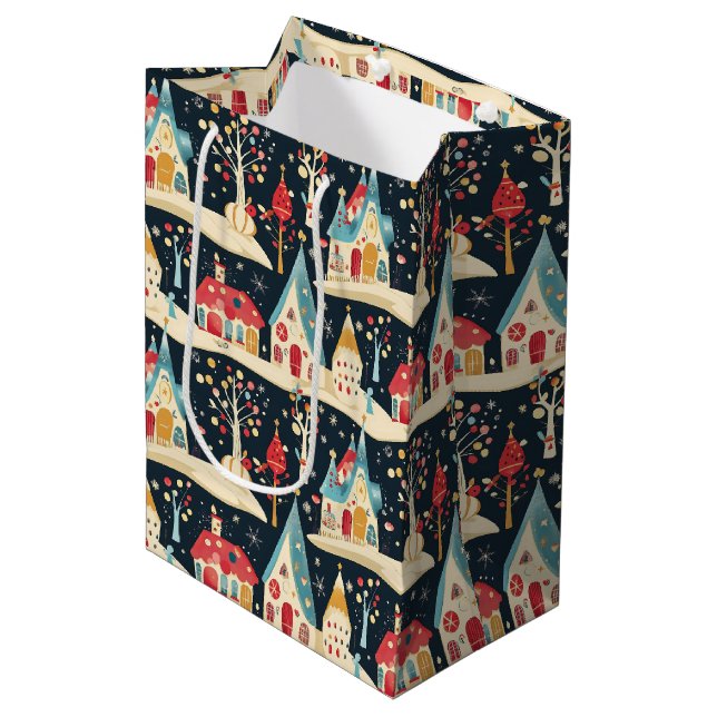 Cute Whimsical Fun & Festive Christmas Village Medium Gift Bag (Front Angled)
