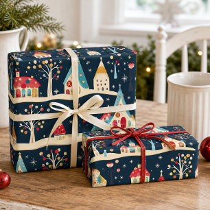 Cute Whimsical Fun & Festive Christmas Village Wrapping Paper Sheets