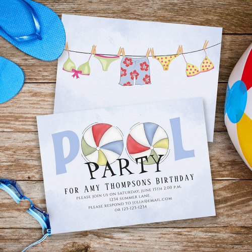 Cute Whimsical Fun Pool Party Summer Beach Balls Invitation