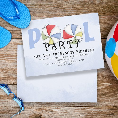 Cute Whimsical Fun Pool Party Summer Beach Balls Invitation