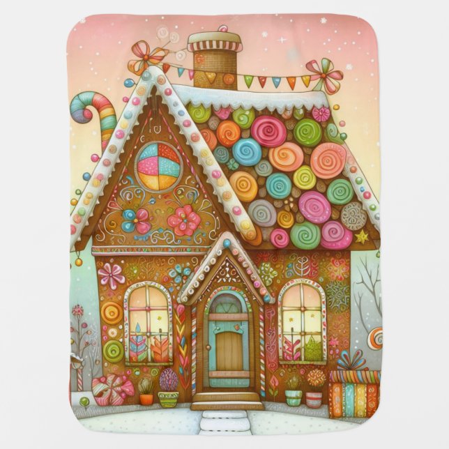 Cute, whimsical gingerbread house baby blanket (Front)