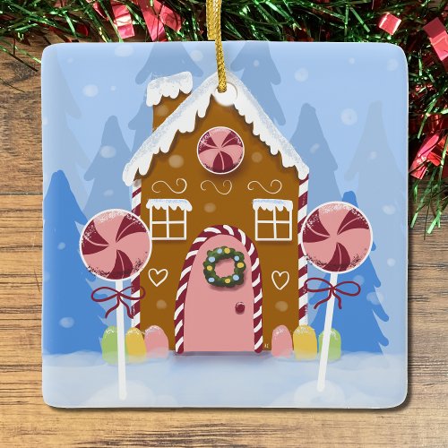Cute Whimsical Gingerbread House Blue Ornament