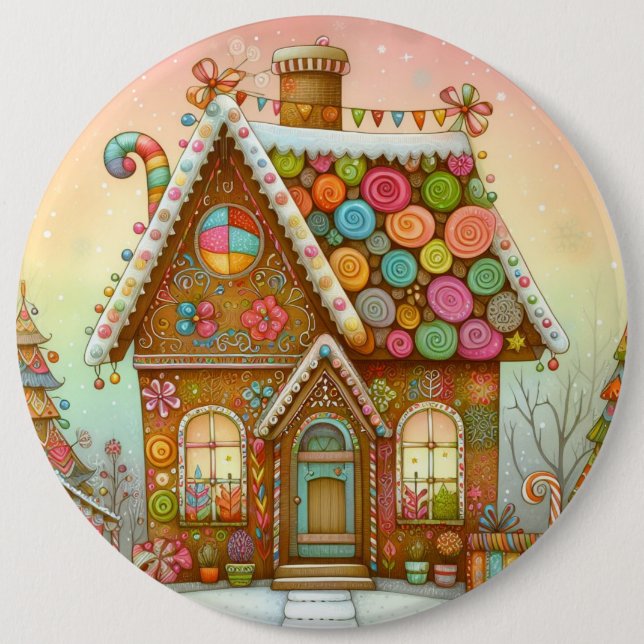 Cute, whimsical gingerbread house button (Front)