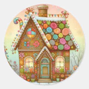 Cute, whimsical gingerbread house classic round sticker