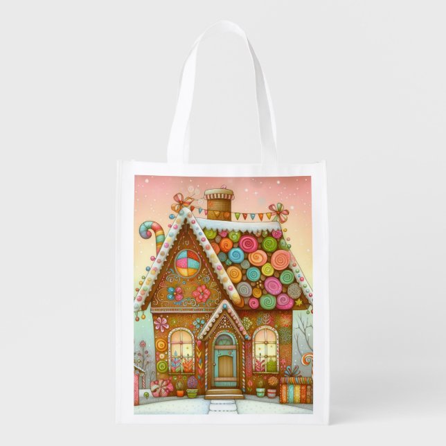 Cute, whimsical gingerbread house grocery bag (Front)