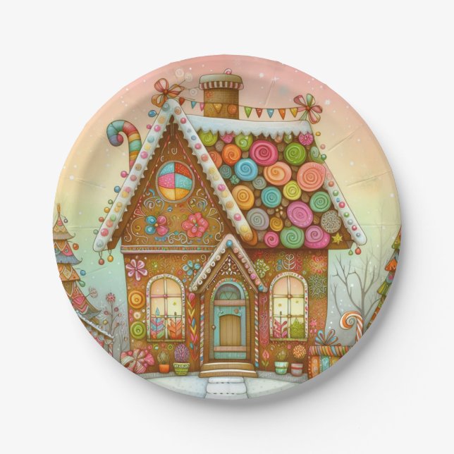 Cute, whimsical gingerbread house paper plates (Front)
